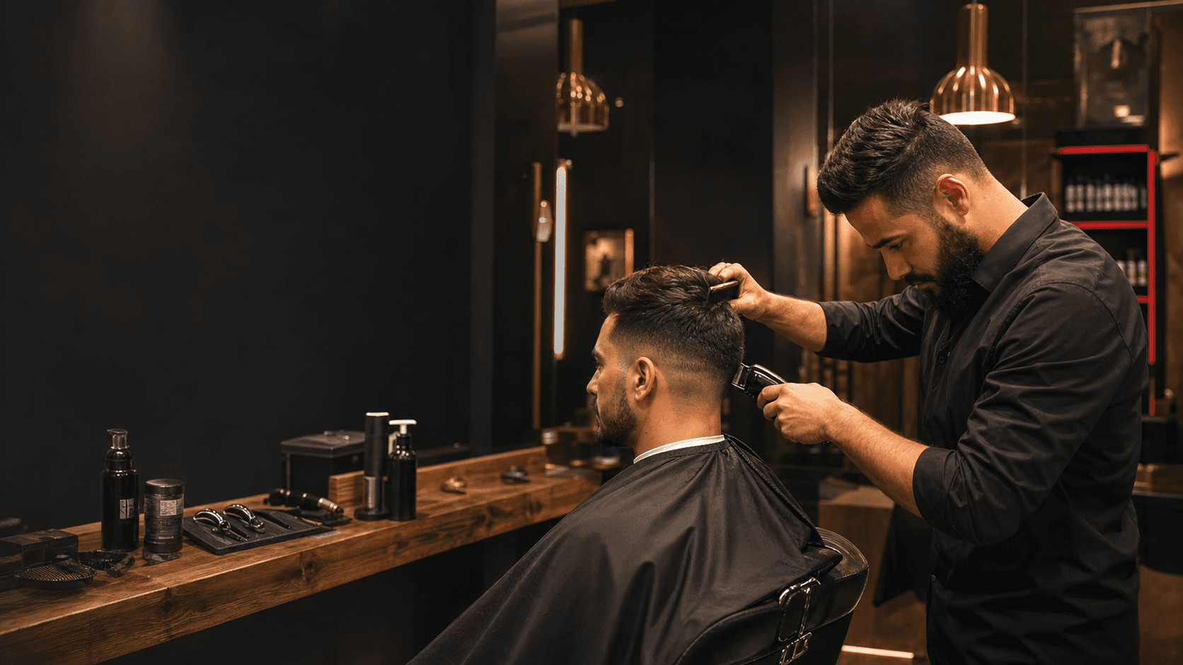 Barber bei einem präzisen Haarschnitt in einem modernen Barbershop